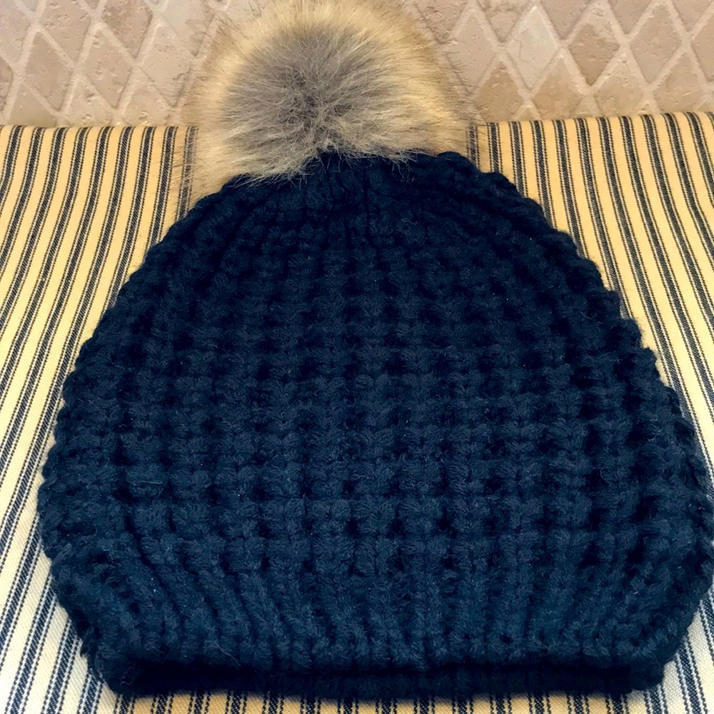 NWT Black Knit Beanie with Faux Fur Ball One Size